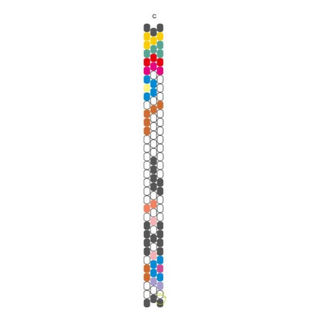 Three columns of multicolored seed beads